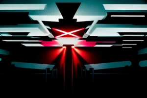 Futuristic Xtreme Tech digital artwork with neon red beams and geometric shapes, featuring a central 'X' symbol, symbolizing cutting-edge technology and innovation.