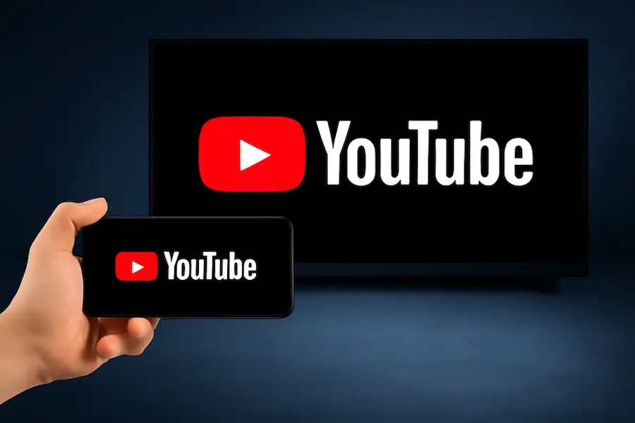 Person holding smartphone with YouTube TV logo displayed on screen, showing YouTube TV app on mobile and TV."