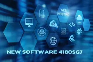 New software 418DSG7 with interconnected hexagonal icons representing web hosting, cloud computing, coding, servers, and collaboration tools against a dynamic blue background