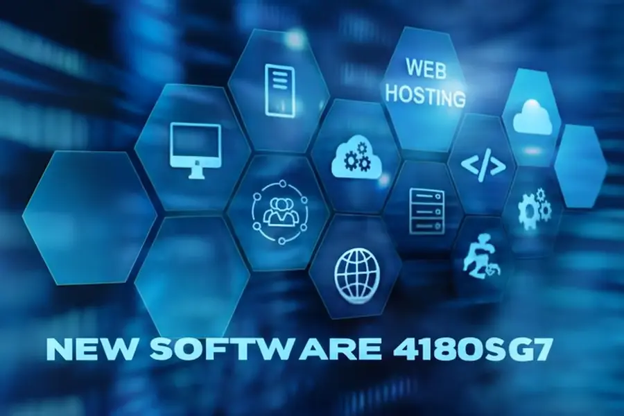 New software 418DSG7 with interconnected hexagonal icons representing web hosting, cloud computing, coding, servers, and collaboration tools against a dynamic blue background