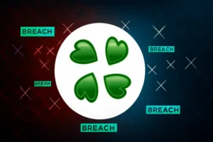 4chan Tea app security breach graphic with dark web, exploit, and attack keywords. The image features green hearts and crosses against a black and colorful background, highlighting key terms related to data leaks and online vulnerabilities