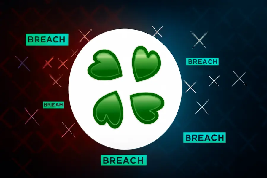 4chan Tea app security breach graphic with dark web, exploit, and attack keywords. The image features green hearts and crosses against a black and colorful background, highlighting key terms related to data leaks and online vulnerabilities