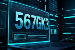 3D rendered digital image featuring the alphanumeric code 567gk3 displayed on a futuristic computer screen with a glowing blue design, symbolizing its presence in blockchain, gaming, and digital security environments.
