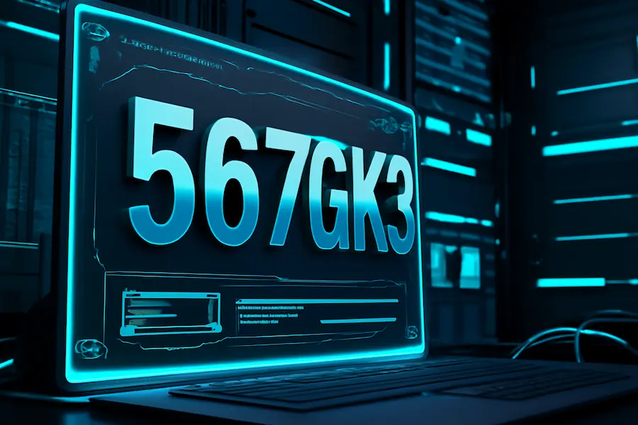 3D rendered digital image featuring the alphanumeric code 567gk3 displayed on a futuristic computer screen with a glowing blue design, symbolizing its presence in blockchain, gaming, and digital security environments.