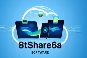 8tShare6a Software promotional image showcasing secure file sharing, data synchronization, and multimedia management across devices with cloud integration.