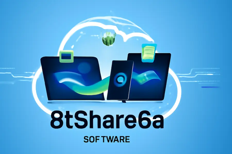 8tShare6a Software promotional image showcasing secure file sharing, data synchronization, and multimedia management across devices with cloud integration.