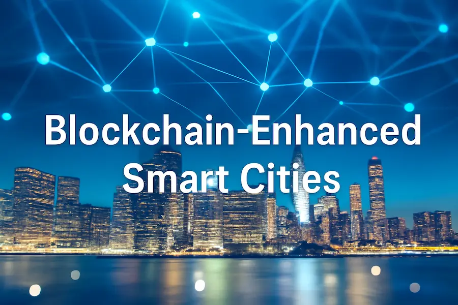 Blockchain-Enhanced Smart Cities with digital network lines over cityscape representing blockchain technology improving urban management, energy, and governance.