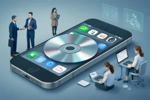 Digital illustration of a futuristic CD and iPhone integration, representing the concept of transferring CD music to iPhone (CDiPhone).