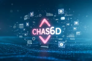 CHAS6D framework digital illustration showing interconnected dimensions such as security, adaptability, and system design, with technology icons and data visualizations in a futuristic environment.
