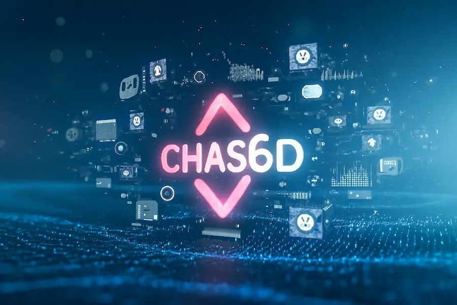 CHAS6D framework digital illustration showing interconnected dimensions such as security, adaptability, and system design, with technology icons and data visualizations in a futuristic environment.