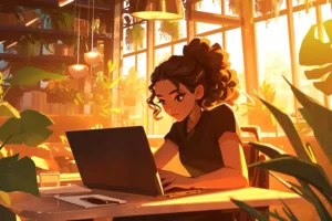 A Caricatronchi digital avatar featuring a creative individual working on a laptop, surrounded by plants in a bright, sunlit room, showcasing the expressive, AI-generated art style.