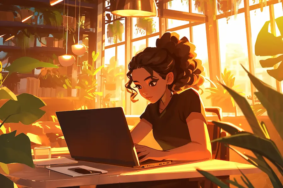 A Caricatronchi digital avatar featuring a creative individual working on a laptop, surrounded by plants in a bright, sunlit room, showcasing the expressive, AI-generated art style.