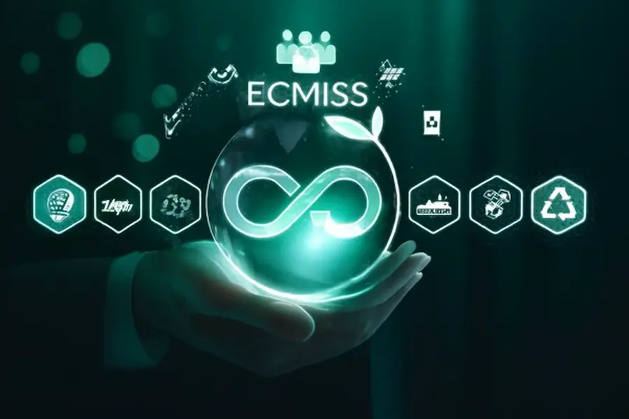 ECMISS Enterprise Content Management System graphic showing an integrated digital workflow with environmental sustainability icons.