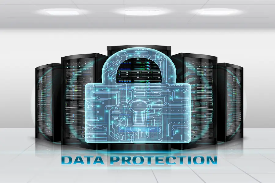 EMLIS multi-layer encryption technology securing server systems with digital lock, representing data protection.