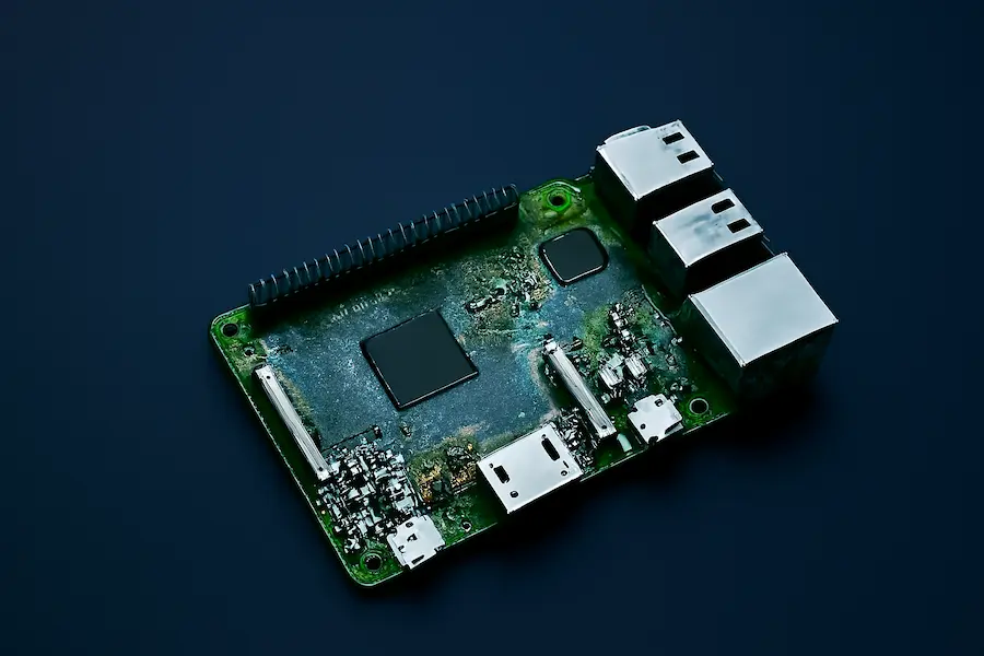Close-up view of the Generalraspberry8102 single-board computer, showcasing its detailed components including the central chip and USB ports. The image highlights the weathered appearance of the board, offering a close look at the Generalraspberry8102's features.