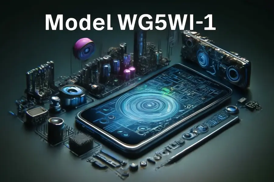 Digital illustration of Model WG5WI-1, a high-performance embedded system with advanced features, surrounded by intricate technological components and a smartphone design, representing its role in industrial automation, IoT, and smart home systems