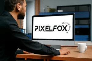 PixelFox.ai logo displayed on a computer screen in a modern workspace. The design studio logo features bold typography and sleek lines