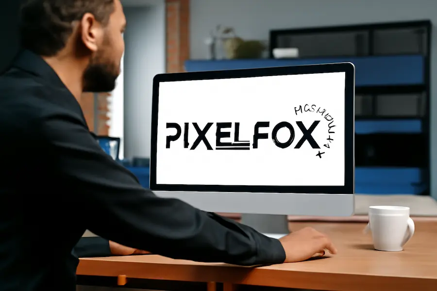 PixelFox.ai logo displayed on a computer screen in a modern workspace. The design studio logo features bold typography and sleek lines