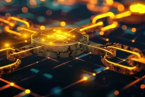 A digital rendering showcasing the concept of quantum blockchain, with glowing interconnected chains and nodes on a dark digital grid. Luminous golden and orange hues highlight the blockchain's structure, representing the fusion of quantum computing with blockchain technology.