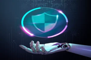 Robotic hand supporting digital shield representing RE-EF-5K4451X secure embedded system