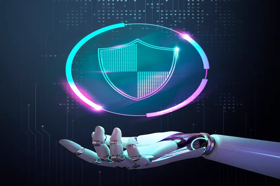 Robotic hand supporting digital shield representing RE-EF-5K4451X secure embedded system