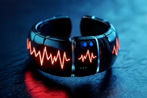 Futuristic wearable AI biometric sensors bracelet with red heartbeat waveform, designed for real-time health monitoring and fitness tracking.
