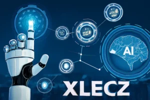 Xlecz AI-driven automation platform with a robotic hand interacting with digital data and AI analytics, showcasing advanced business solutions in cloud computing.