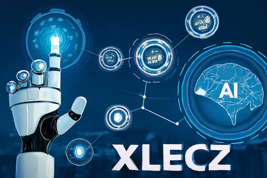 Xlecz AI-driven automation platform with a robotic hand interacting with digital data and AI analytics, showcasing advanced business solutions in cloud computing.