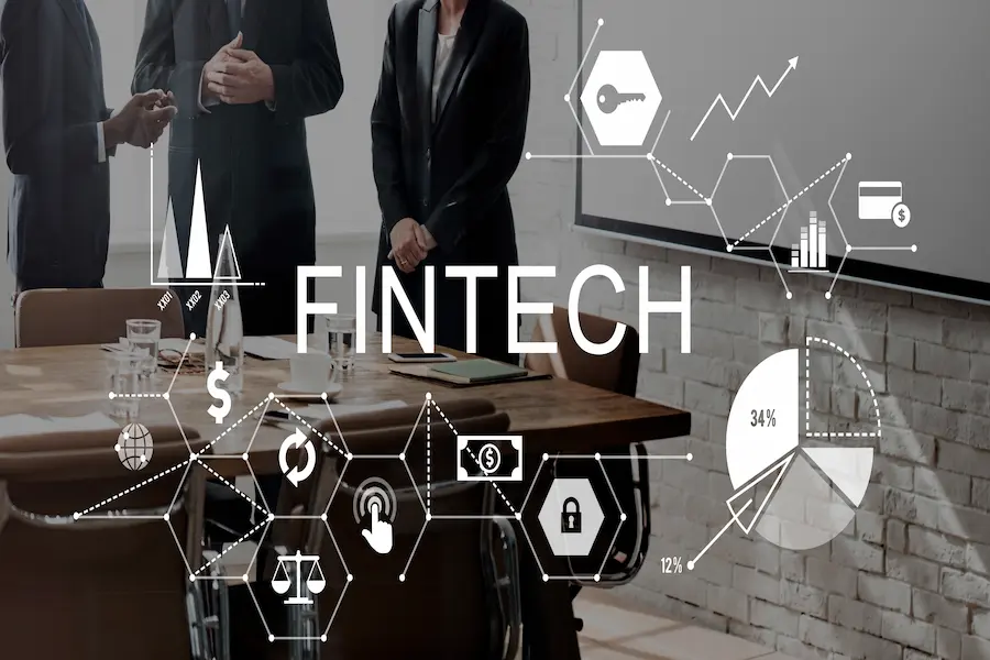 Fintechzoom concept image showcasing financial technology with graphs, charts, and digital icons such as locks, keys, and currency symbols, representing the fintech industry.
