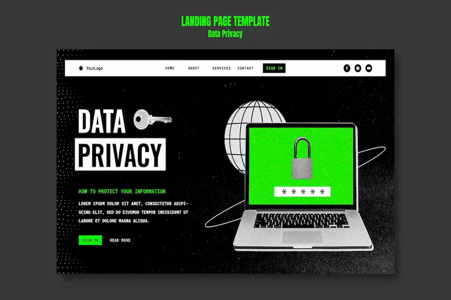 iTop VPN landing page template showcasing data privacy with a laptop displaying a padlock icon and password protection