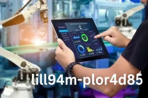 lill94m-plor4d85 identifier displayed on a tablet used for managing IoT systems in a smart factory, showcasing real-time data analysis and control