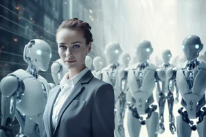 Professional woman standing confidently among AI-powered robots in a futuristic workspace, illustrating the integration of AI-Powered Ethical Frameworks in modern business environments.