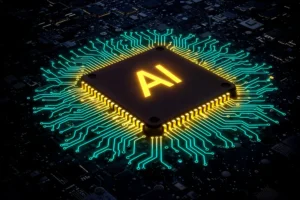 Smart AI microchips with glowing circuitry and AI logo, representing advanced artificial intelligence technology for machine learning and neural networks.