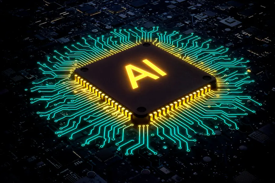Smart AI microchips with glowing circuitry and AI logo, representing advanced artificial intelligence technology for machine learning and neural networks.