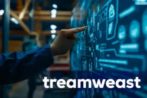 A close-up of a person interacting with a digital display in a warehouse, showcasing real-time data processing and technological systems. The word "Treamweast" is displayed prominently, emphasizing the platform's role in stream processing and cloud-based data solutions for businesses,
