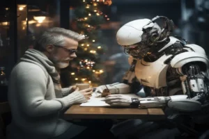 An elderly man shares a peaceful moment with a humanoid robot during a holiday celebration, set against a festive background with Christmas lights. The robot, embodying advanced technology, showcases the potential of Explainable AI (XAI) in human-robot interactions.
