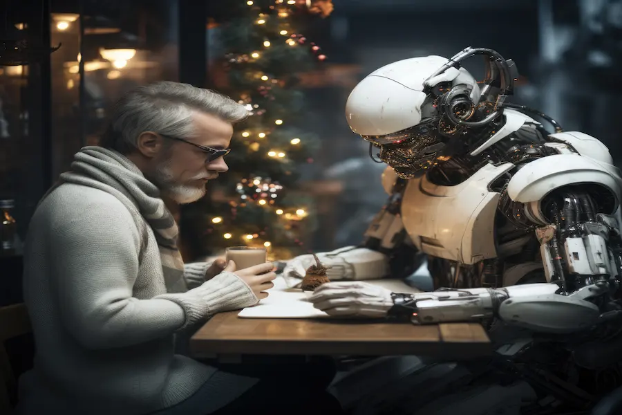 An elderly man shares a peaceful moment with a humanoid robot during a holiday celebration, set against a festive background with Christmas lights. The robot, embodying advanced technology, showcases the potential of Explainable AI (XAI) in human-robot interactions.