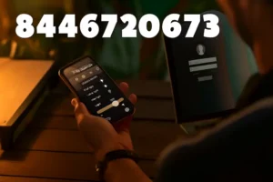 Person using smartphone to control smart home lighting, with the toll-free number 8446720673 displayed at the top and a laptop showing a login page in the background.