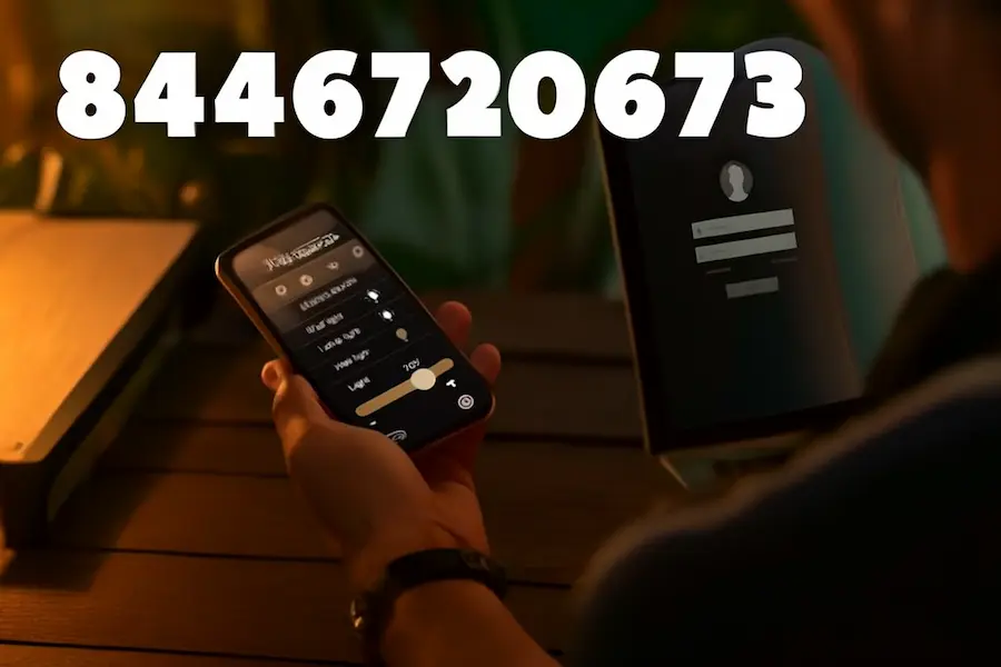 Person using smartphone to control smart home lighting, with the toll-free number 8446720673 displayed at the top and a laptop showing a login page in the background.