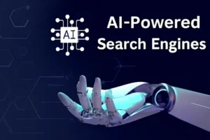 "AI-powered search engines with robotic hand and futuristic technology, symbolizing advanced artificial intelligence and digital innovation.
