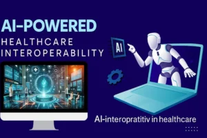 AI interoperability in healthcare illustration showing a humanoid robot emerging from a laptop, pointing toward an AI microchip, alongside a digital screen with healthcare professionals interacting with futuristic medical data interfaces.
