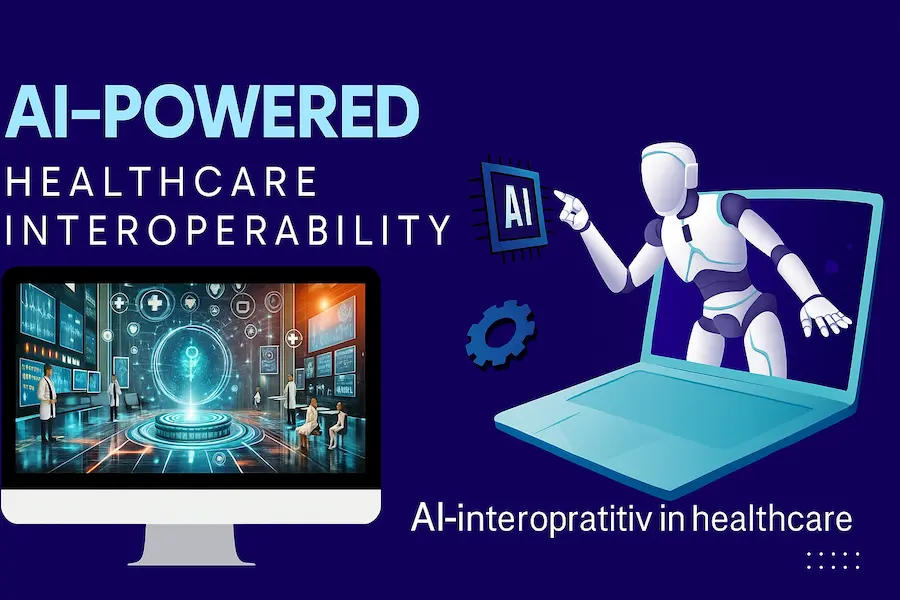 AI interoperability in healthcare illustration showing a humanoid robot emerging from a laptop, pointing toward an AI microchip, alongside a digital screen with healthcare professionals interacting with futuristic medical data interfaces.