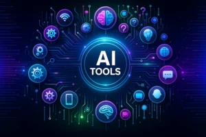 Futuristic digital illustration of AI tools surrounded by technology icons and neural circuits, representing artificial intelligence features such as automation, chatbot integration, data analysis, and smart technology systems.