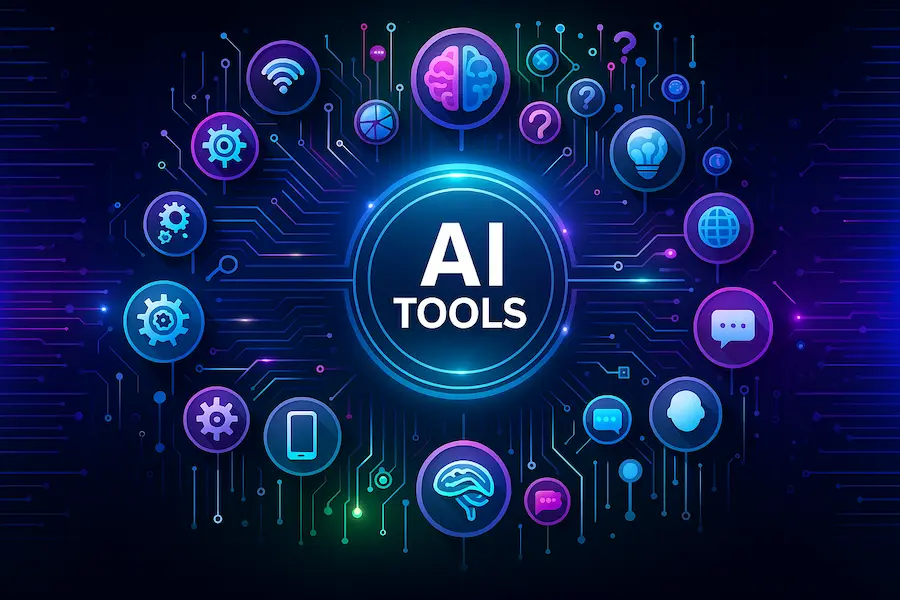 Futuristic digital illustration of AI tools surrounded by technology icons and neural circuits, representing artificial intelligence features such as automation, chatbot integration, data analysis, and smart technology systems.