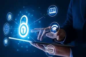 Businessman interacting with a tablet showcasing secure file sharing, encryption, and privacy features of Anon Vault, a decentralized and anonymous file storage solution.