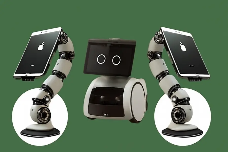Apple tabletop robot with dynamic arms holding iPads, featuring a sleek, futuristic design with a friendly robot face and AI-powered functionality for smart home integration.