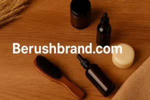 Berushbrand.com natural personal care products on a wooden surface, including amber dropper bottles, a wooden hairbrush, a soap bar, and eco-friendly grooming items.