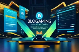 3D digital illustration of Blog Gaming DualMedia logo and futuristic interactive media interface with floating screens, neon lighting, and advanced technology for immersive gaming experiences.