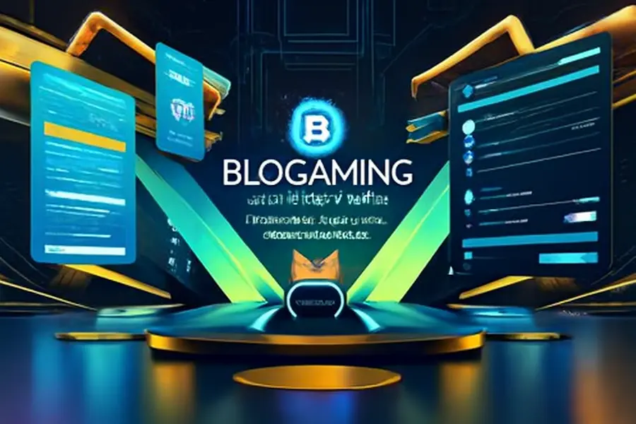 3D digital illustration of Blog Gaming DualMedia logo and futuristic interactive media interface with floating screens, neon lighting, and advanced technology for immersive gaming experiences.