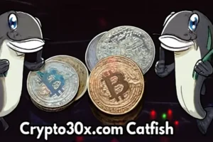 Crypto30x.com Catfish scam with animated fish holding Bitcoin and cryptocurrency symbols against a digital trading background.